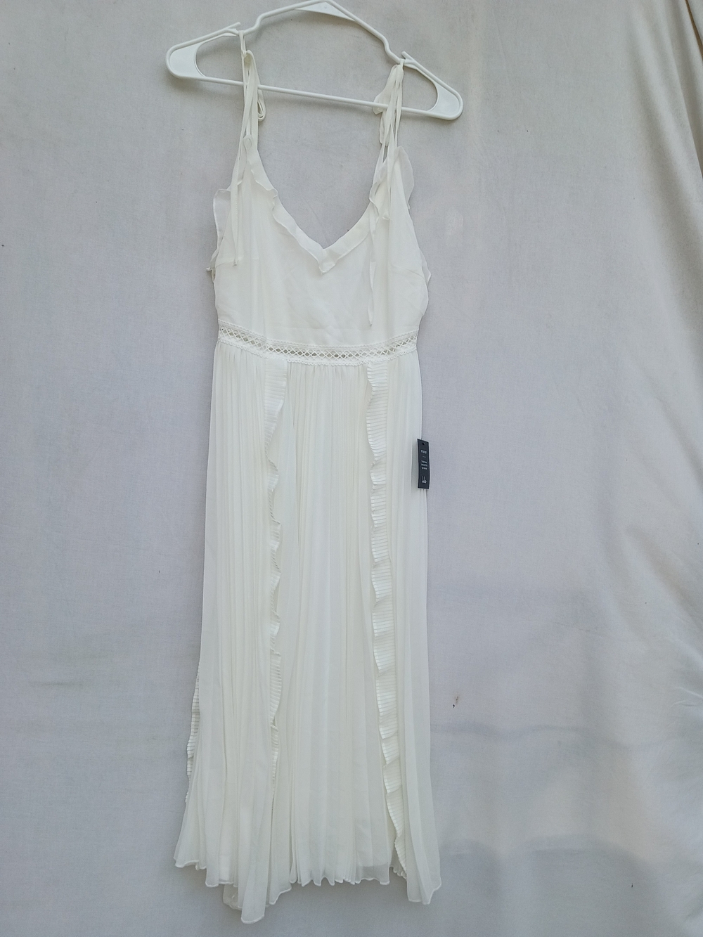 Lulu's Ivory Pleated Midi Dress with Crochet Waistband